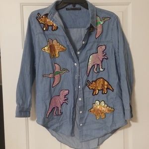 Medium Blue jean sequin dinosaur patch button up